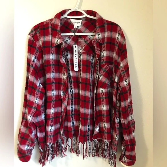 NWT Olive+Oak Women’s Boho Flannel & Plaid Fringe Button Down Cotton Top - Picture 2 of 15